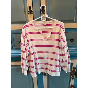 Women's LOFT Outlet XL Beige Pink Striped V-Neck Sweater